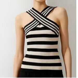 Cache Black and White Knit Cross Strap Halter Tank Size L